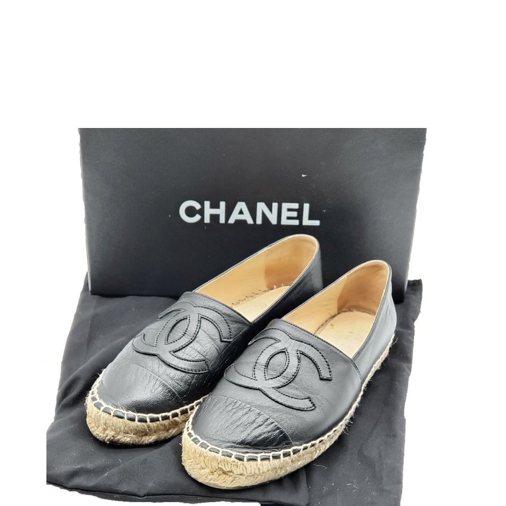 100% Authentic Chanel CC Lambskin Black Espadrille Shoes - Picture 3 of 13